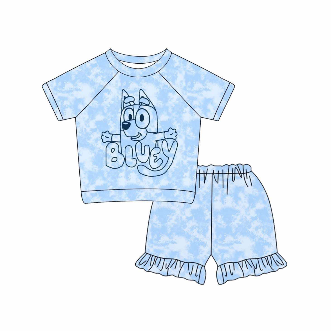 (Custom Design Preorder MOQ 5) Cartoon Dog Blue Print Shorts Girls Summer Clothes Set