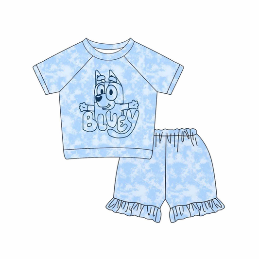 (Custom Design Preorder MOQ 5) Cartoon Dog Blue Print Shorts Girls Summer Clothes Set