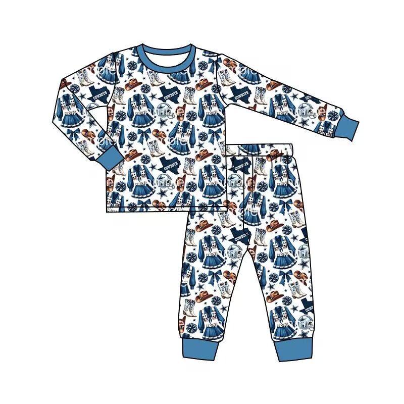 (Custom Design Preorder MOQ 5) Team's Cowboys Print Girls Pajamas Clothes Set