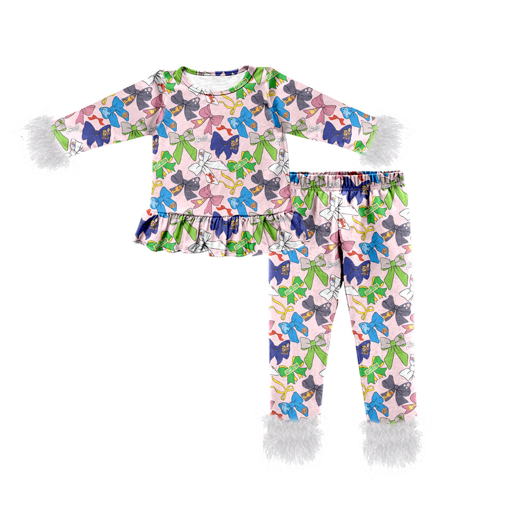 (Custom Design Preorder MOQ 5) Cartoon Teacher Street Print Girls Fur Pajamas Clothes Set