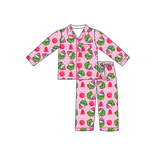 (Custom Design Preorder MOQ 5) Green Frog Pink Print Girls Christmas Buttons Pajamas Clothes Set
