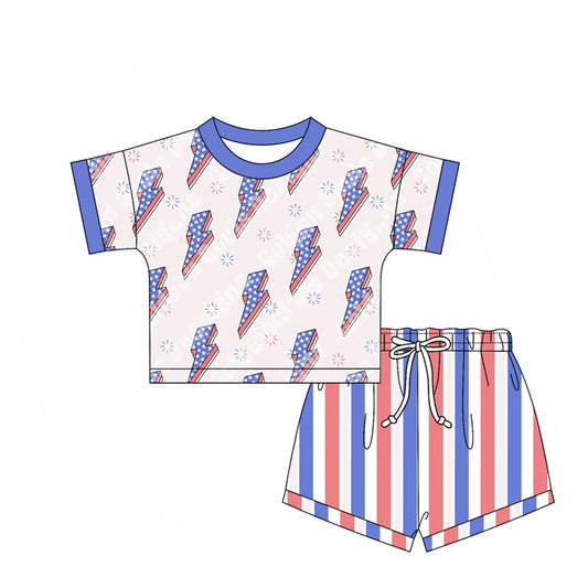 2.24(Custom Design Preorder MOQ 5) Flash Top Stripes Shorts Kids 4th of July Clothes Set