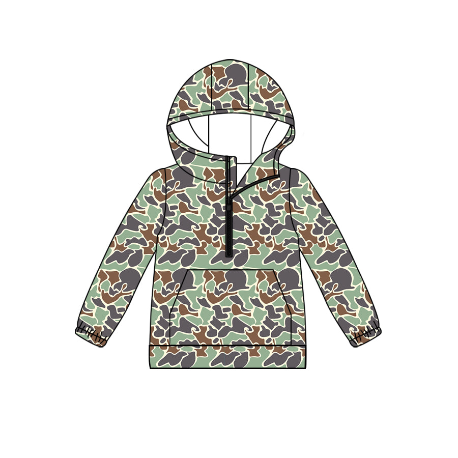 (Custom Design Preorder MOQ 5)  Green Camo Print Adult Hoodie Zipper Pocket Top