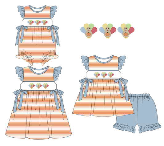 5.23(Custom Design Preorder MOQ 5 Each Design) Turkey Stripes Print Girls Thanksgiving Matching Clothes Sisters Wear