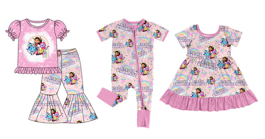 12.26(Custom Design Preorder MOQ 5 Each Design) Cartoon Teatcher Gabb* Cat Pink Print Girls Matching Clothes Sisters Wear