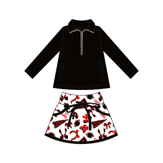 (Custom Design Preorder MOQ 5) Black Zipper Pullover Top Team's Cheer Bows Skirts Girls Clothes Sets