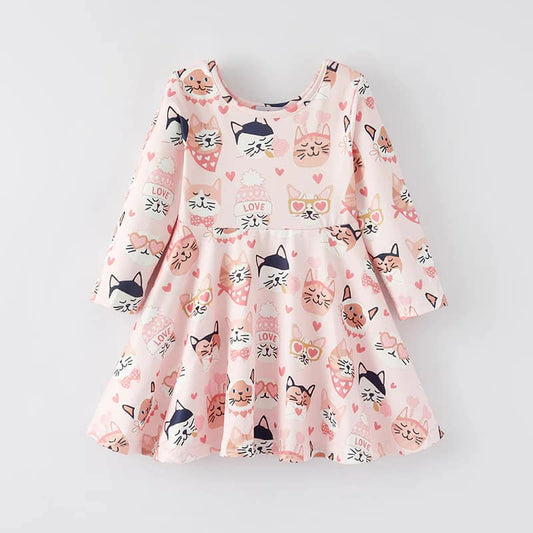 (Custom Design Preorder MOQ 5) Cats Hearts Print Girls Valentine's Day Knee Length Dress