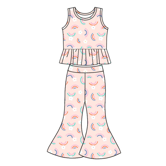 1.7(Custom Design Preorder MOQ 5) Rainbow Flowers Print Bell Pants Girls Clothes Set