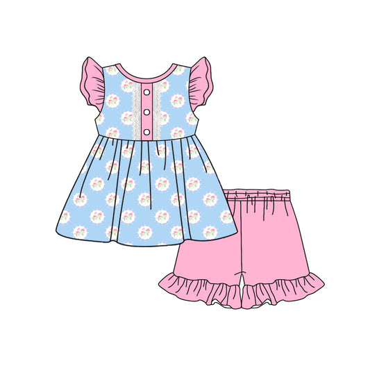 11.30(Custom Design Preorder MOQ 5) Blue Flowers Tunic Top Pink Shorts Girls Summer Clothes Set