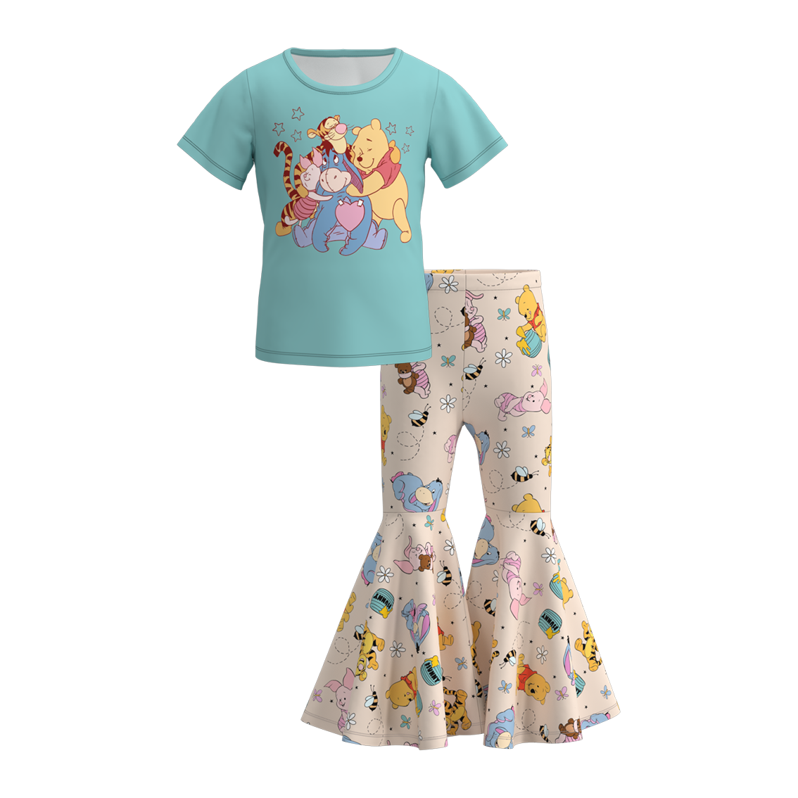 (Custom Design Preorder MOQ 5)  Cartoon Beer Animals Bell Pants Girls Clothes Set