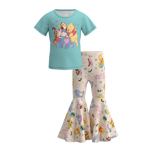 (Custom Design Preorder MOQ 5)  Cartoon Beer Animals Bell Pants Girls Clothes Set