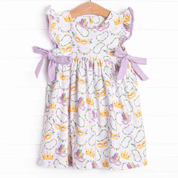 (Custom Design Preorder MOQ 5) Mask Print Girls Mardi Gras Knee Length Dress