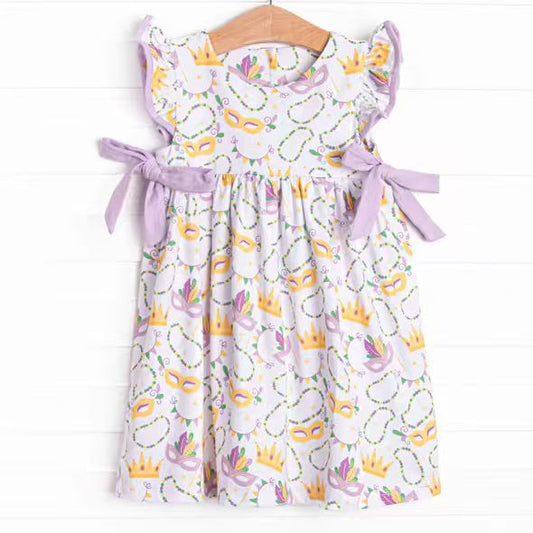 (Custom Design Preorder MOQ 5) Mask Print Girls Mardi Gras Knee Length Dress
