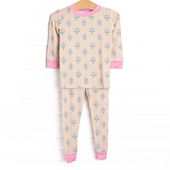 (Custom Design Preorder MOQ 5) Pink Flowers Print Girls Pajamas Clothes Set