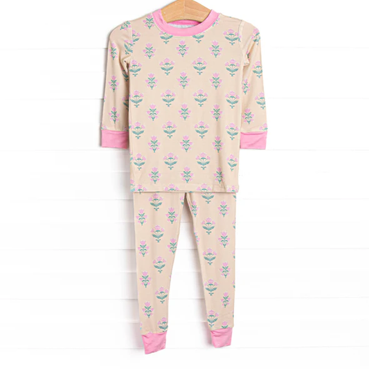 (Custom Design Preorder MOQ 5) Pink Flowers Print Girls Pajamas Clothes Set