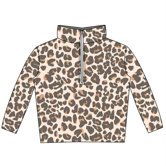 (Custom Design Preorder MOQ 5) Leopard Print Kids Long Sleeve Zipper Pullover Top