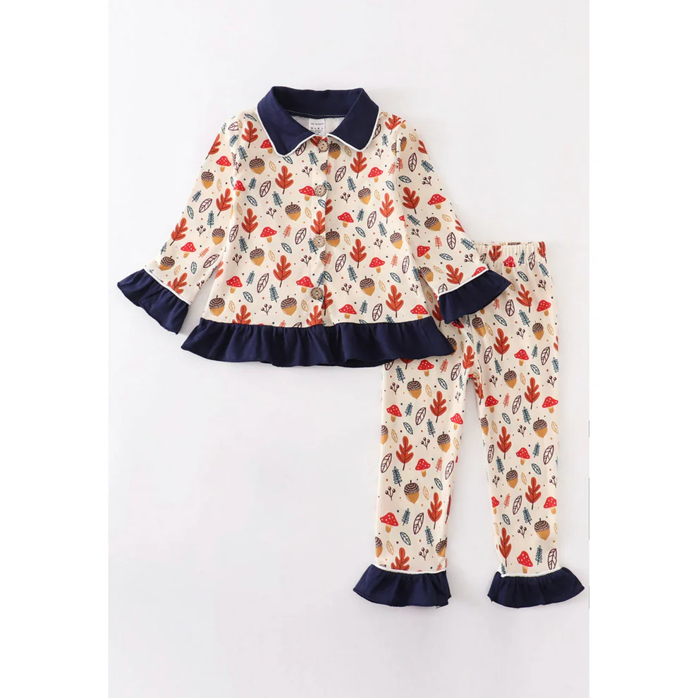 (Custom Design Preorder MOQ 5) Mushroom Leaf Print Girls Fall Pajamas Clothes Set