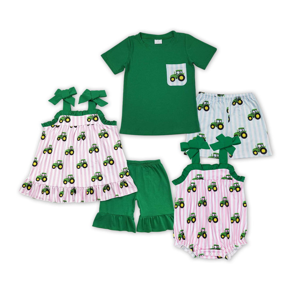 Tractors Print Sibling Summer Matching Clothes