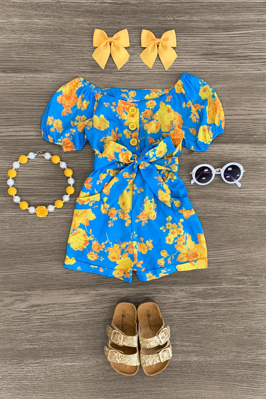 (Custom Design Preorder MOQ 5)  Orange Flowers Blue Print Girls Summer Jumpsuits