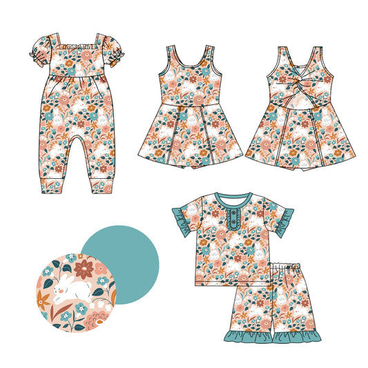 1.4(Custom Design Preorder MOQ 5 Each Design) Bunny Flowers Print Girls Easter Matching Clothes Sisters Wear