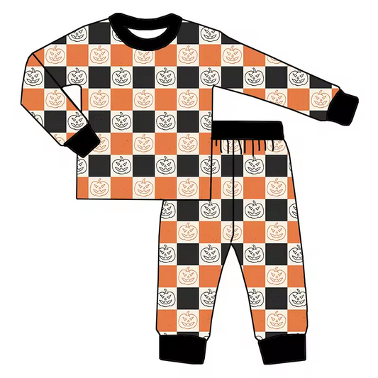 (Custom Design Preorder MOQ 5) Pumpkin Plaid Print Boys Halloween Pajamas Clothes Set