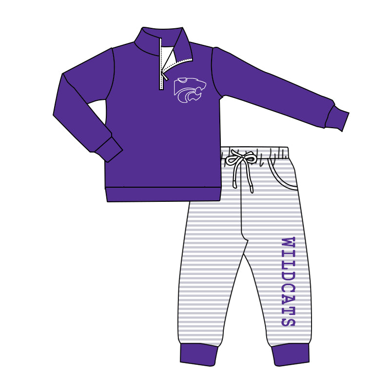 (Custom Design Preorder MOQ 5) Team's WILDCATS Pullover Top Purple Pockets Pants Boys Fall Clothes Set