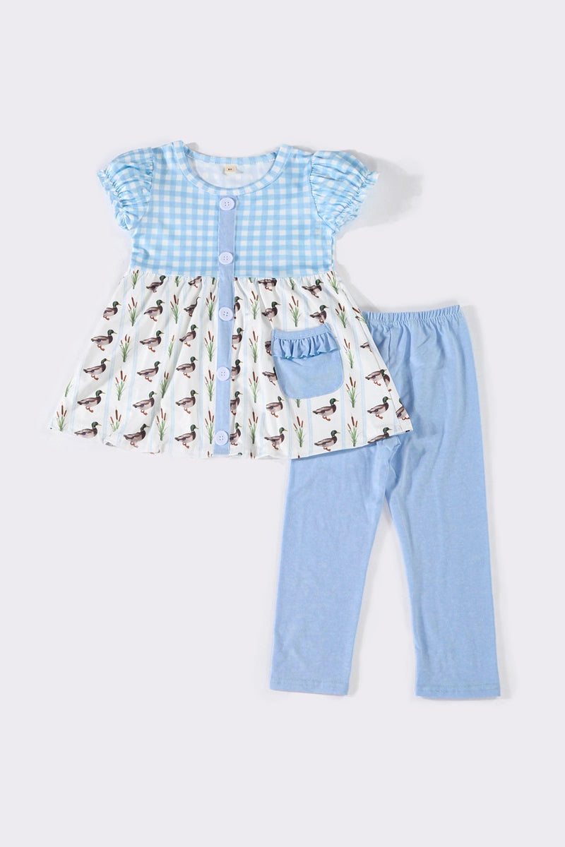 (Custom Design Preorder MOQ 5) Duck Pocket Tunic Top Blue Pants Girls Clothes Set