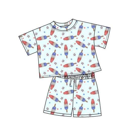 (Custom Design Preorder MOQ 5) Popsicle Stars Print Kids 4th of July Clothes Set