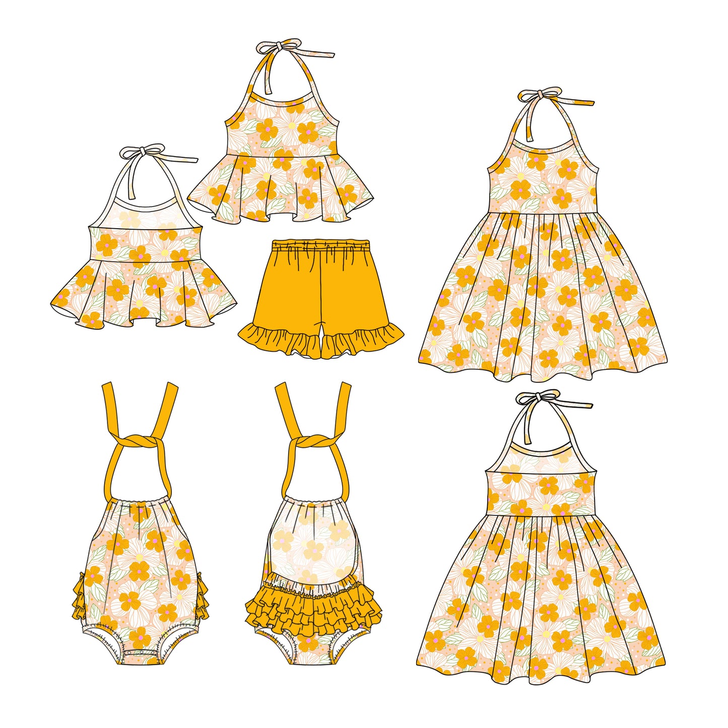 1.4(Custom Design Preorder MOQ 5 Each Design) Mustard Flowers Print Girls Summer Matching Clothes Sisters Wear