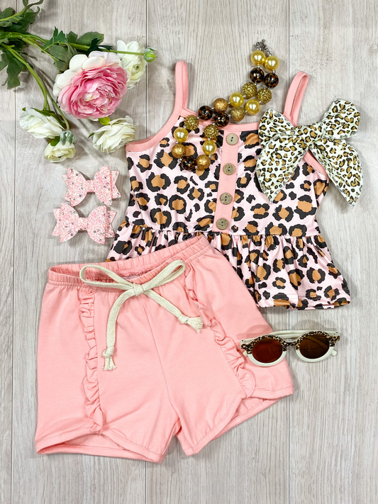(Custom Design Preorder MOQ 5) Leoprd Top Pink Shorts Girls Summer Clothes Set