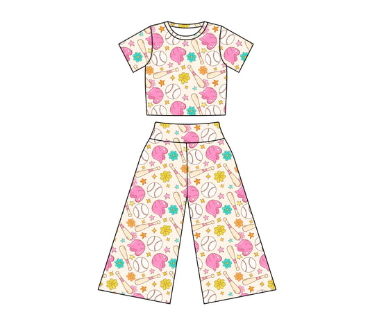11.30(Custom Design Preorder MOQ 5) Baseball Flowers Print Girls Clothes Set