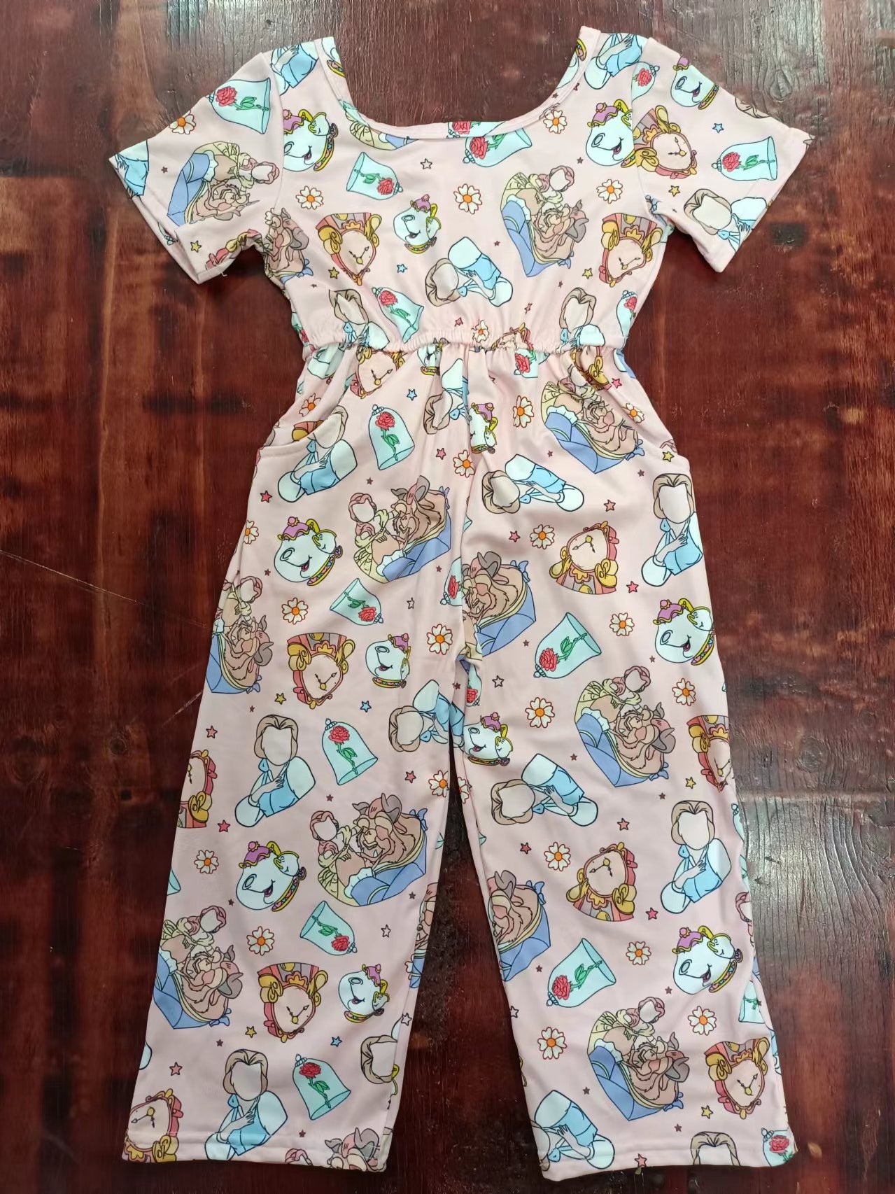 (Custom Design Preorder MOQ 5) Cartoon Princess Flowers Print Girls Jumpsuits Baby Romper