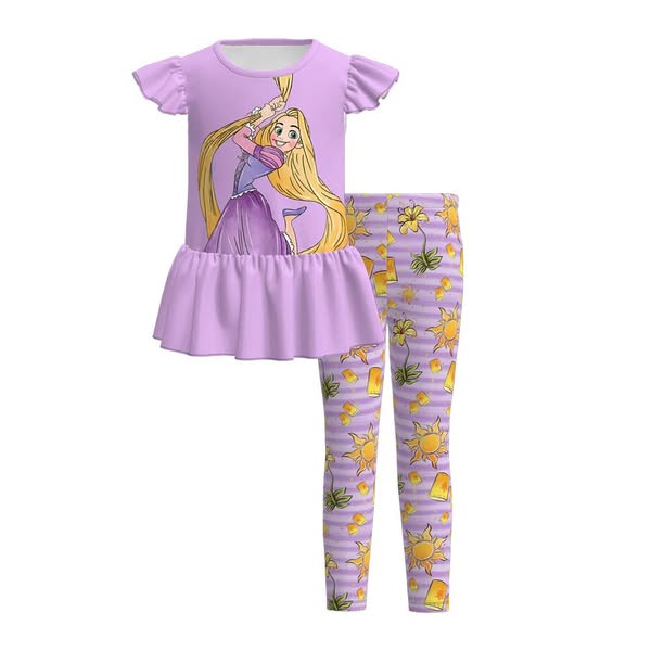 (Custom Design Preorder MOQ 5) Cartoon Princess Purple Top Legging Pants Girls Clothes Set