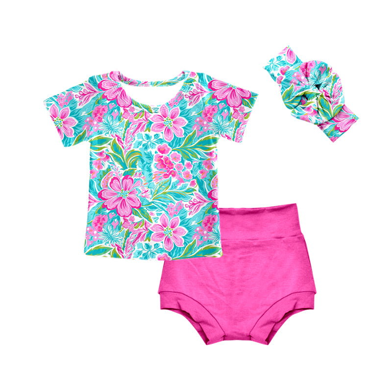 (Custom Design MOQ 5)  Flowers Top Pink Shorts Baby Girls Summer 3 Pieces Bummie Sets