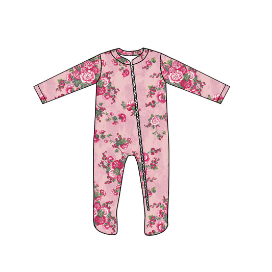 (Custom Design Preorder MOQ 5) Pink Red Flowers Print Baby Girls Bamboo Sleeper Zipper Romper