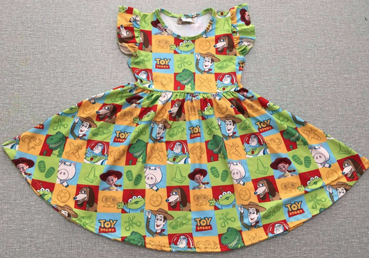 (Custom Design Preorder MOQ 5) Cartoon Toys Print Girls Summer Knee Length Dress