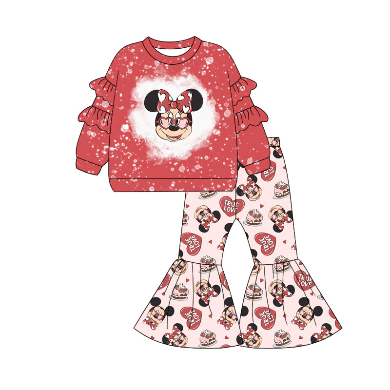 (Custom Design Preorder MOQ 5) Cartoon Mouse Heart Top Bell Pants Girls Valentine's Day Clothes Set