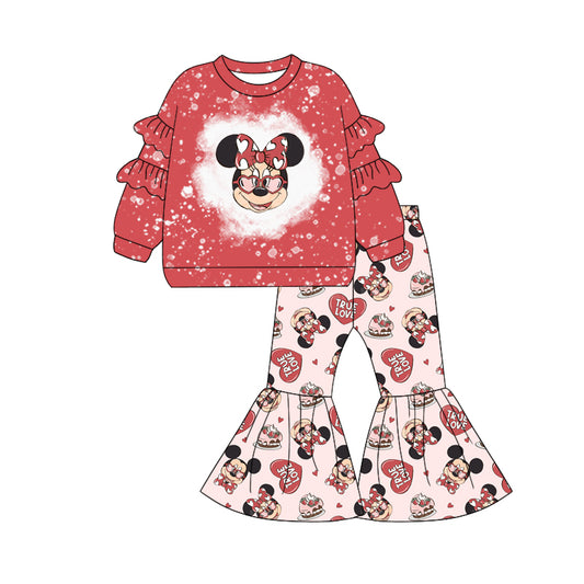 (Custom Design Preorder MOQ 5) Cartoon Mouse Heart Top Bell Pants Girls Valentine's Day Clothes Set