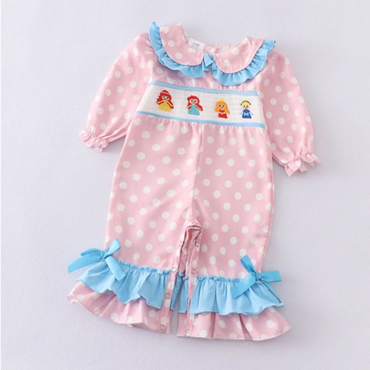 (Custom Design Preorder MOQ 5)  Pink Dots Cartoon Princess Print Baby Girls Romper