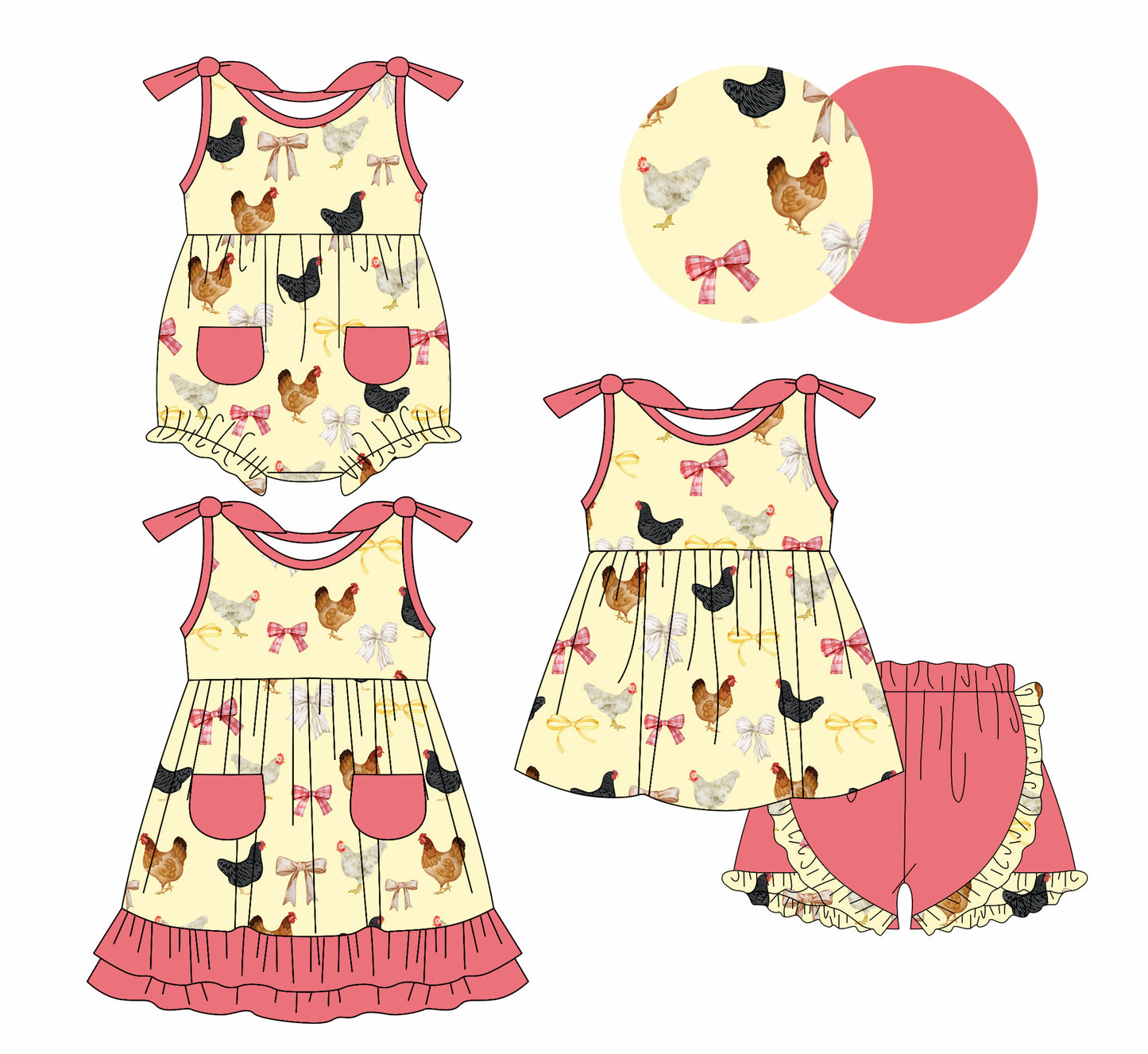1.6(Custom Design Preorder MOQ 5 Each Design) Chicken Bows Print Girls Summer Matching Clothes Sisters Wear