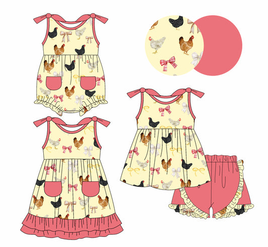 1.6(Custom Design Preorder MOQ 5 Each Design) Chicken Bows Print Girls Summer Matching Clothes Sisters Wear