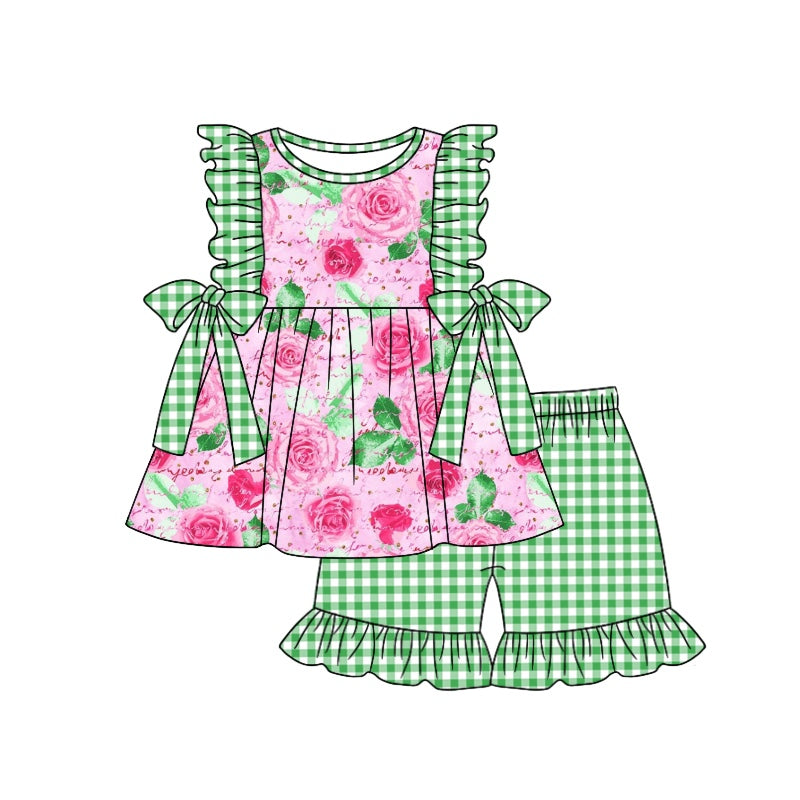 (Custom Design Preorder MOQ 5) Rose Print Top Ruffle Shorts Girls Summer Clothes Set