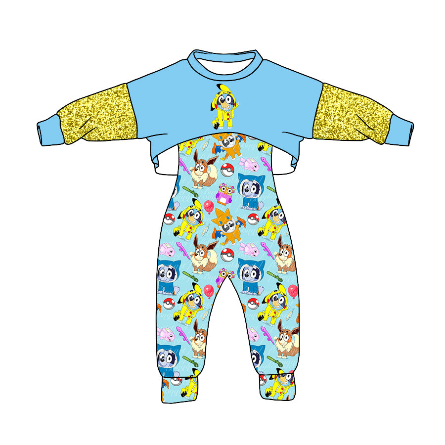 (Custom Design Preorder MOQ 5) Blue Top Cartoon Animals Jumpsuits Girls Fall Clothes Set