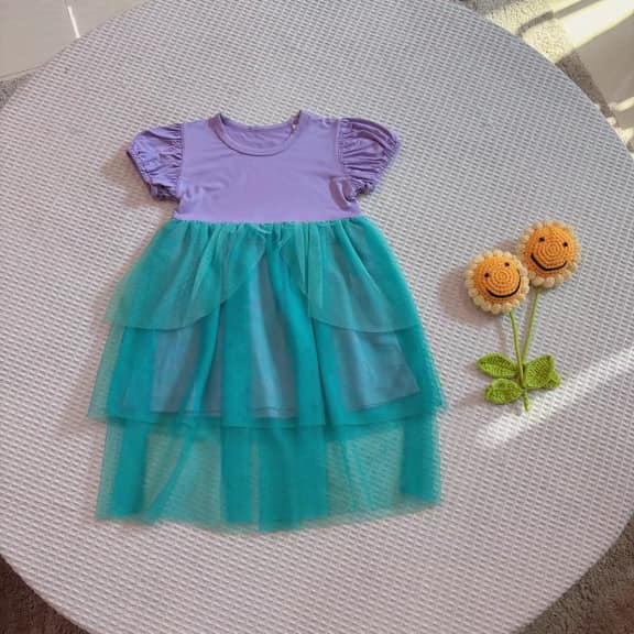 (Custom Design Preorder MOQ 5) Cartoon Princess Purple Color Girls Knee Length Summer Green Tulle Dress
