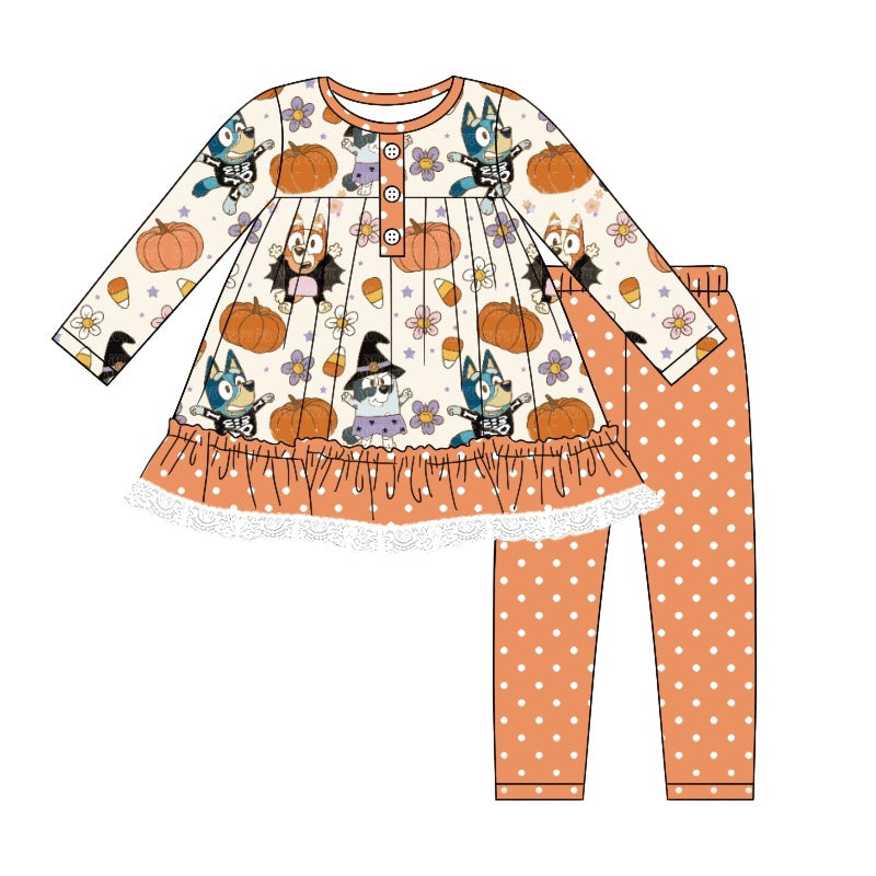 (Custom Design Preorder MOQ 5) Cartoon Dog Pumpkin Candy Tunic Top Orange Pants Girls Halloween Clothes Set