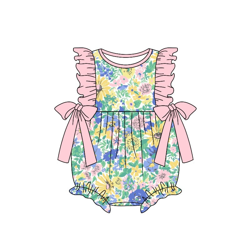 (Custom Design Preorder MOQ 5) Pink Flowers Print Baby Girls Summer Romper