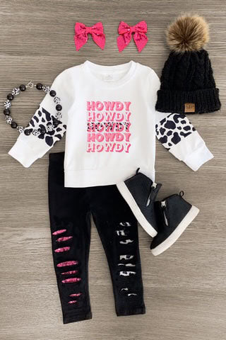 (Custom Design Preorder MOQ 5)  Howdy Top Hole Legging Pants Girls Clothes Sets
