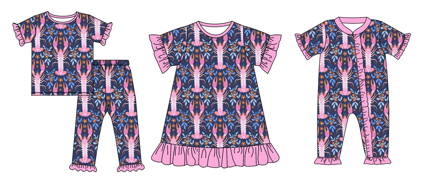 11.28(Custom Design Preorder MOQ 5 Each Design) Crayfish Flowers Pink Print Girls Matching Clothes Sisters Wear
