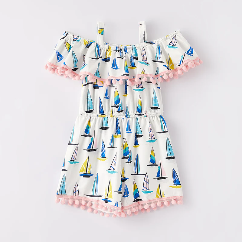 (Custom Design Preorder MOQ 5) Sailboat Blue Print Girls Summer Jumpsuits