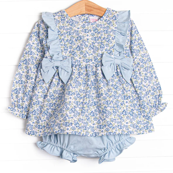 (Custom Design Preorder MOQ 5 ) Blue Flowers Tunic Top Shorts Baby Girls Bummie Set